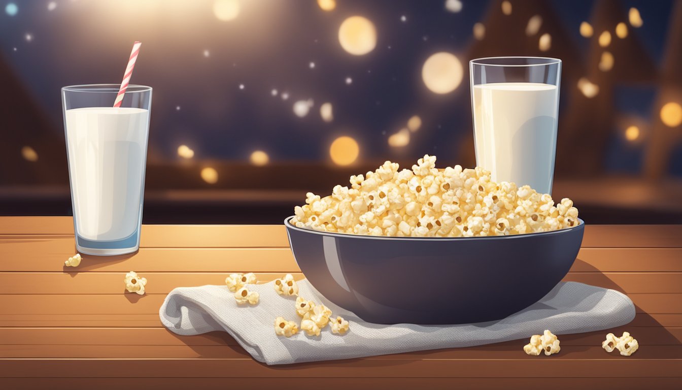 A bowl of popcorn sits next to a glass of milk on a wooden table, with a cozy blanket and a movie playing in the background