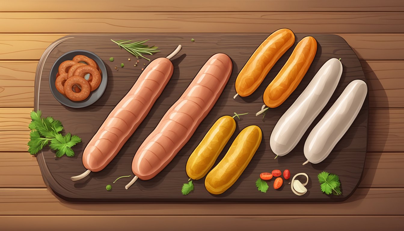 A colorful array of 10 unique and odd-shaped sausages arranged on a wooden cutting board