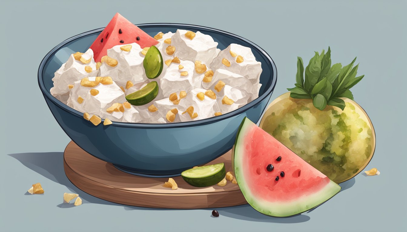 A bowl of ice cream topped with hot sauce, pickles, and potato chips. A slice of watermelon with feta cheese and balsamic vinegar