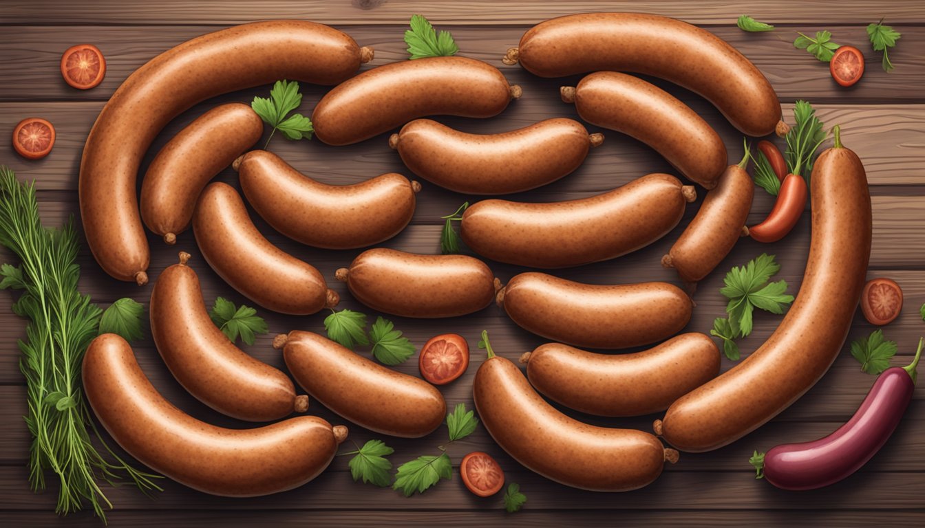 Ten strange andouille sausages arranged in a circle on a rustic wooden table