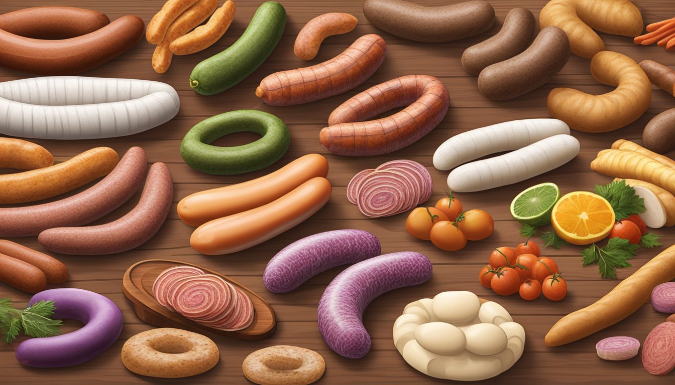 A colorful array of 10 bizarre sausages, each made with unique and unusual ingredients, displayed on a wooden cutting board