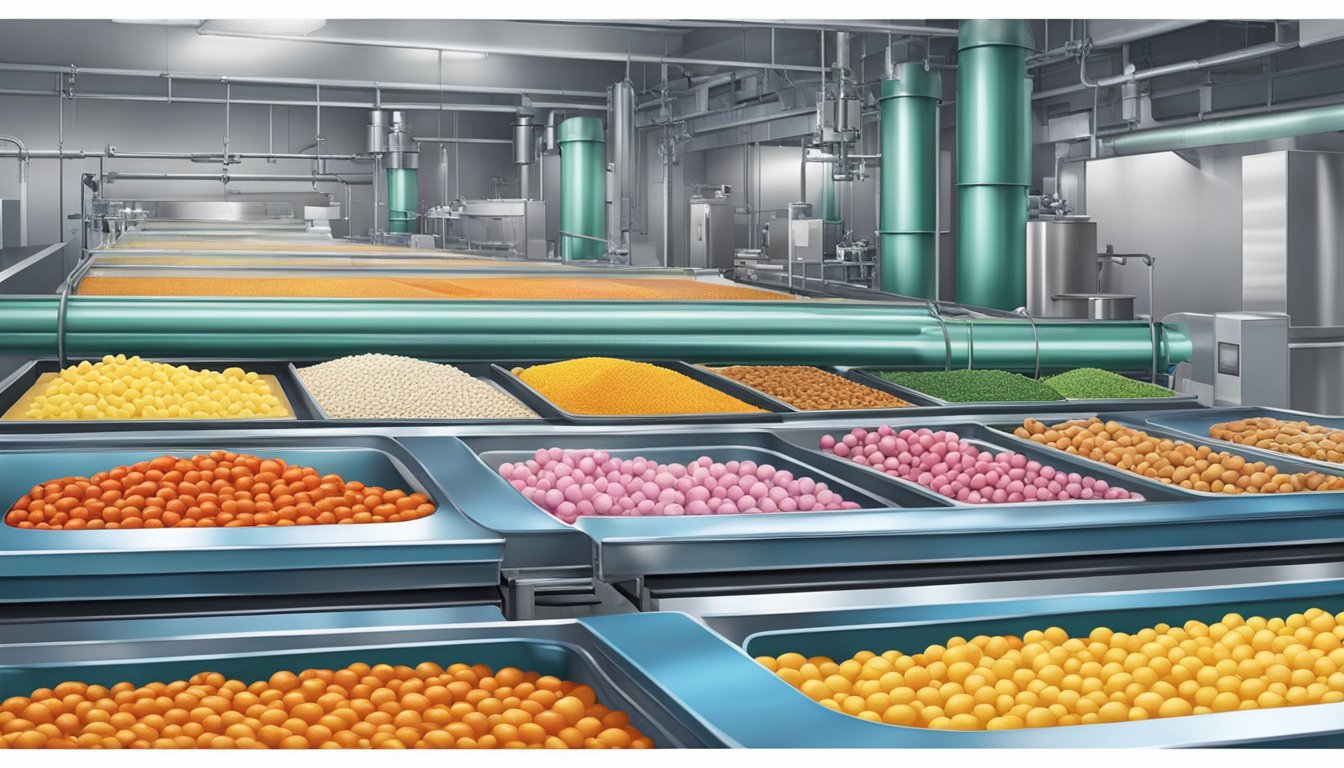 A factory conveyor belt adds vibrant color additives to food products in a sterile, industrial setting