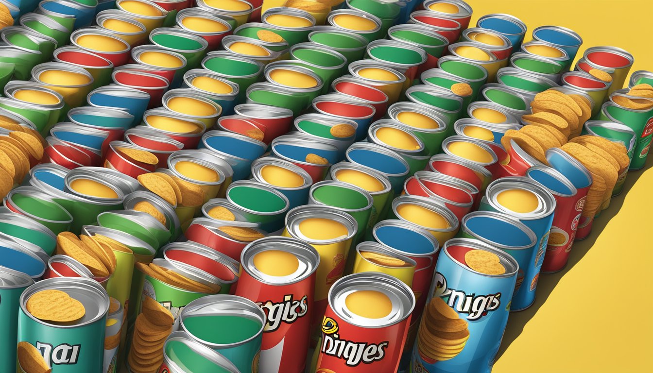 A table with 10 Pringles cans arranged in a neat row, with some cans open and chips spilling out