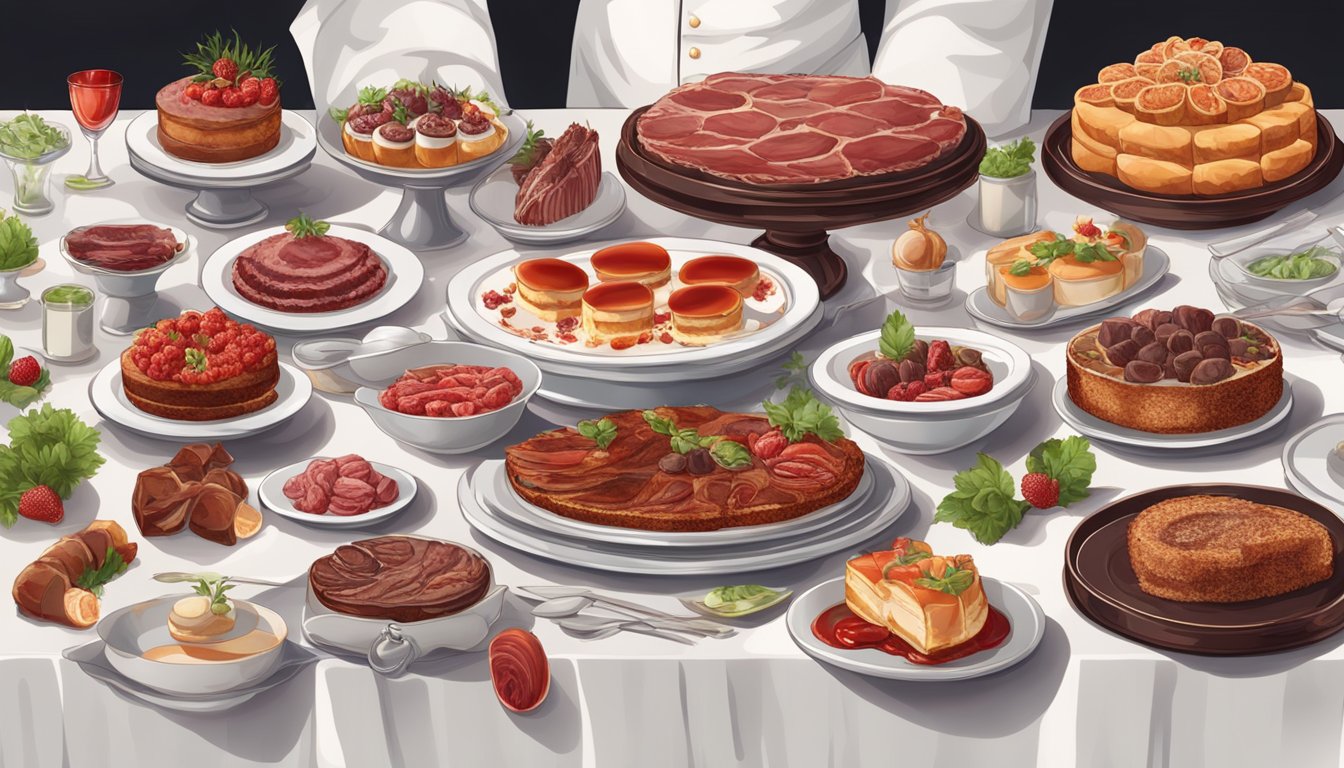 A table with 10 dishes made with blood, including various meats and desserts, arranged in an elegant and appetizing display