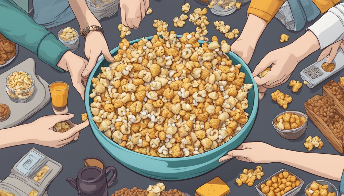 A bowl of Kettlecorn surrounded by various snacks, with people reaching for handfuls