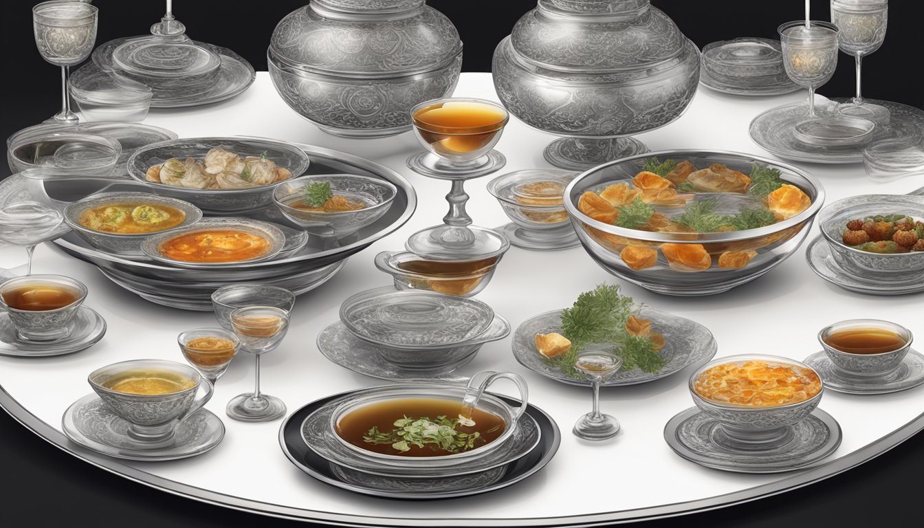 A celestial banquet table with delicate bowls of clear consommé and ten exquisite dishes made with blood, arranged in an elegant and artistic display