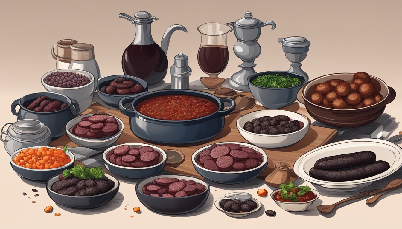 A table with 10 dishes made with blood, including blood sausage, blood pudding, and blood soup, surrounded by various ingredients and cooking utensils