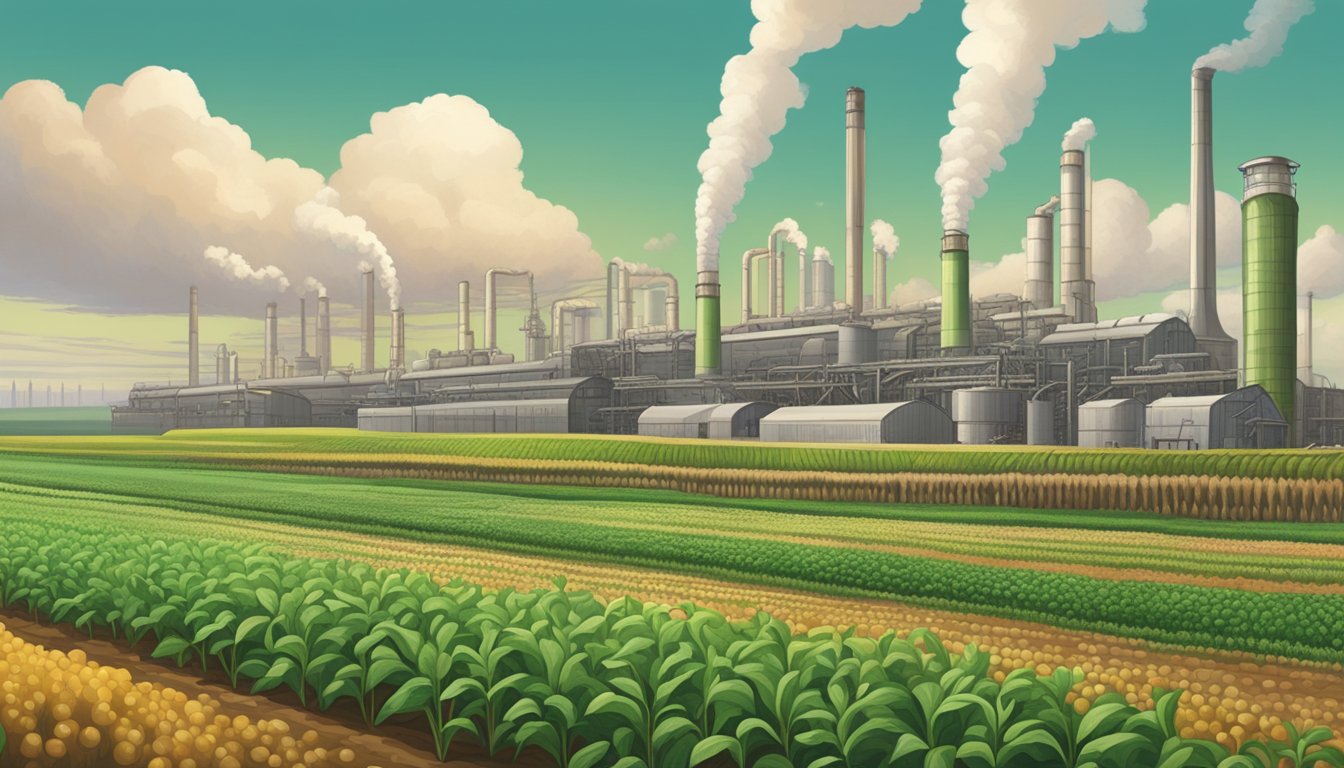 A sprawling factory complex with smokestacks looming over rows of genetically modified crops under the watchful eye of corporate logos