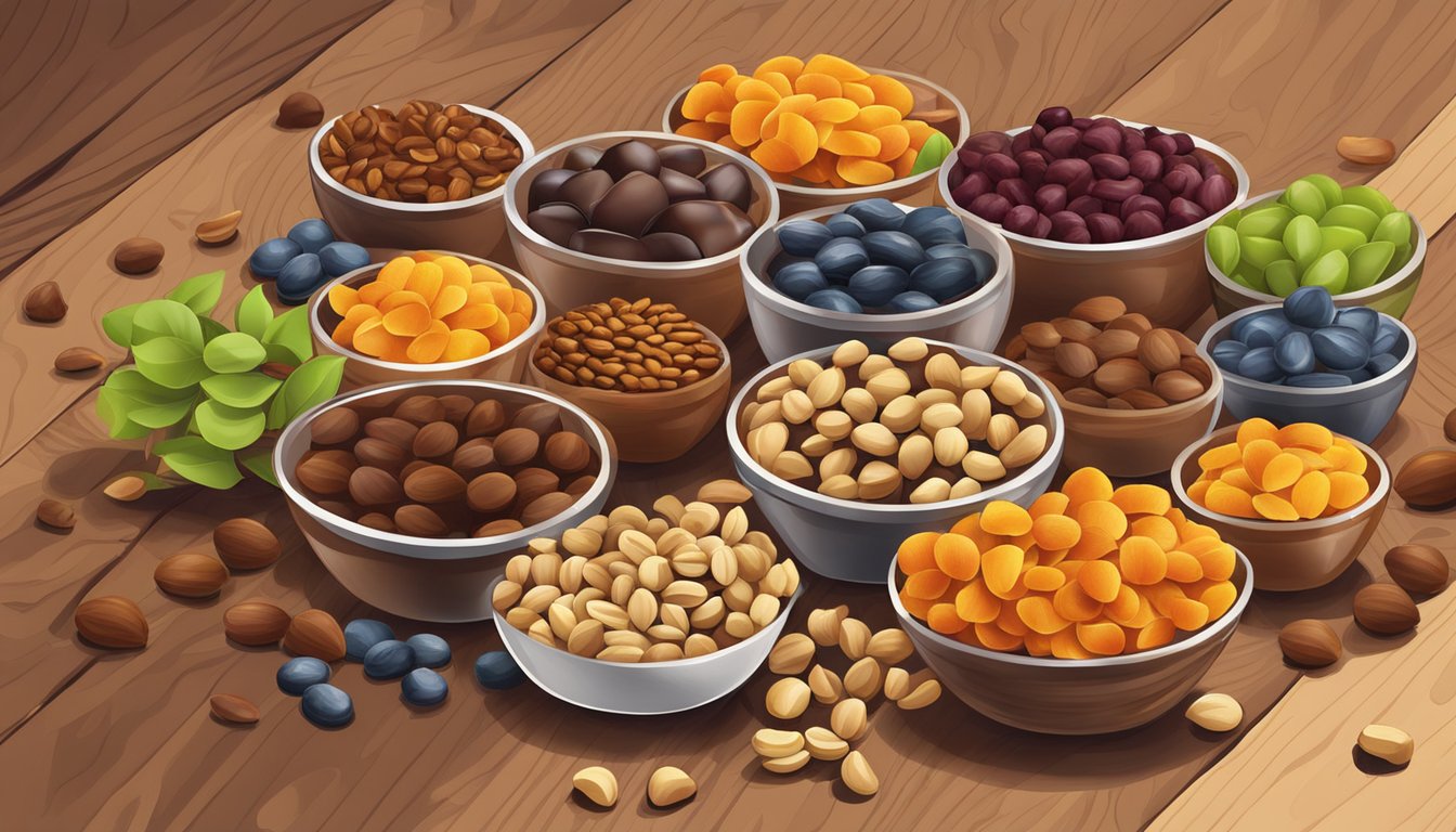 A colorful assortment of nuts, dried fruits, and chocolate chips scattered on a wooden table