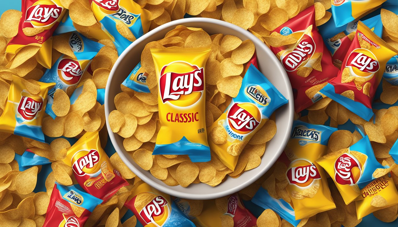 A bowl of Lays Classic Chips surrounded by empty wrappers