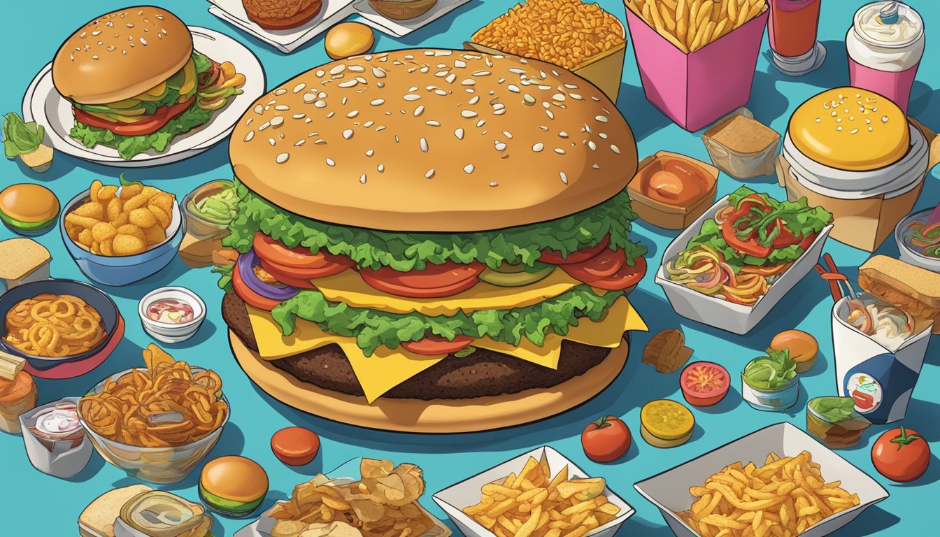 A giant Krabby Patty with unusual toppings surrounded by movie-inspired food items