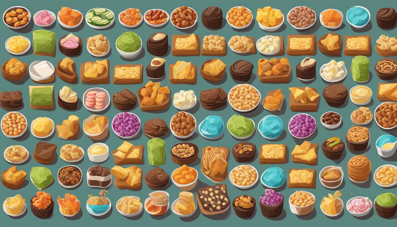 A table covered in a variety of colorful and tempting snacks, arranged neatly in rows, with a mix of sweet, salty, and savory options