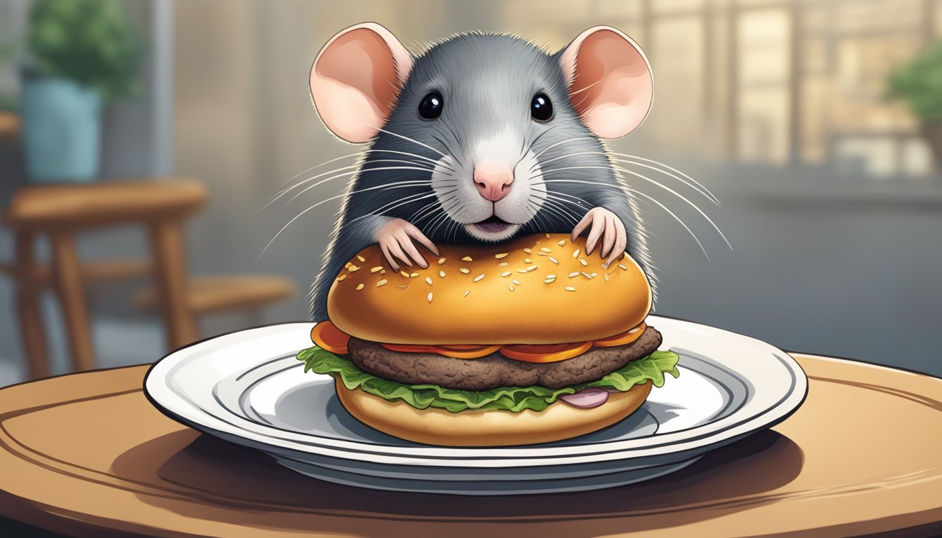 A ratburger being served on a plate, with a giant rat peeking out from the bun