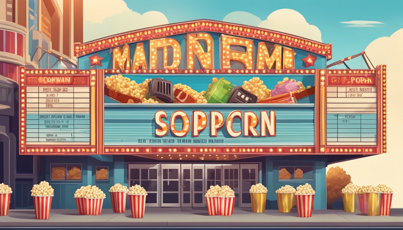 A movie theater marquee adorned with food-themed film titles, surrounded by giant popcorn and soda cups