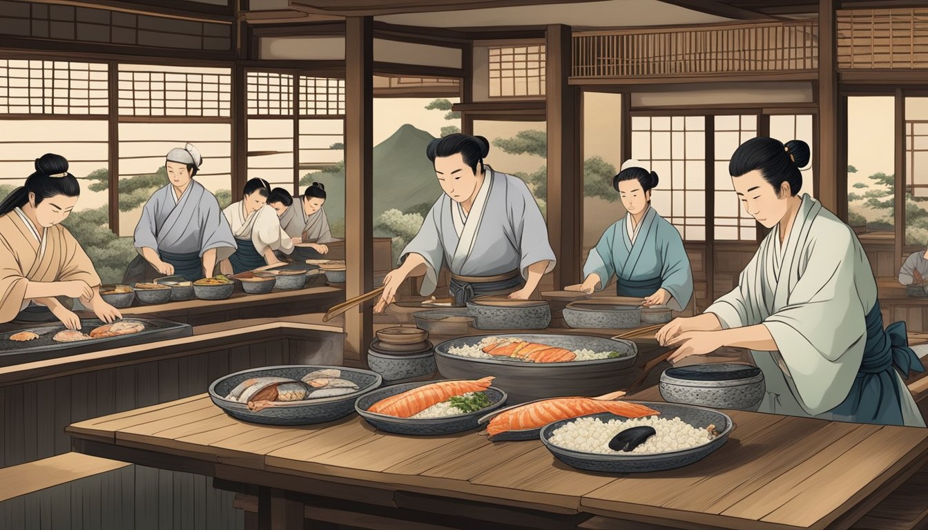 A traditional Japanese sushi restaurant in 18th century with chefs preparing fresh fish and rice, customers enjoying the unique cuisine