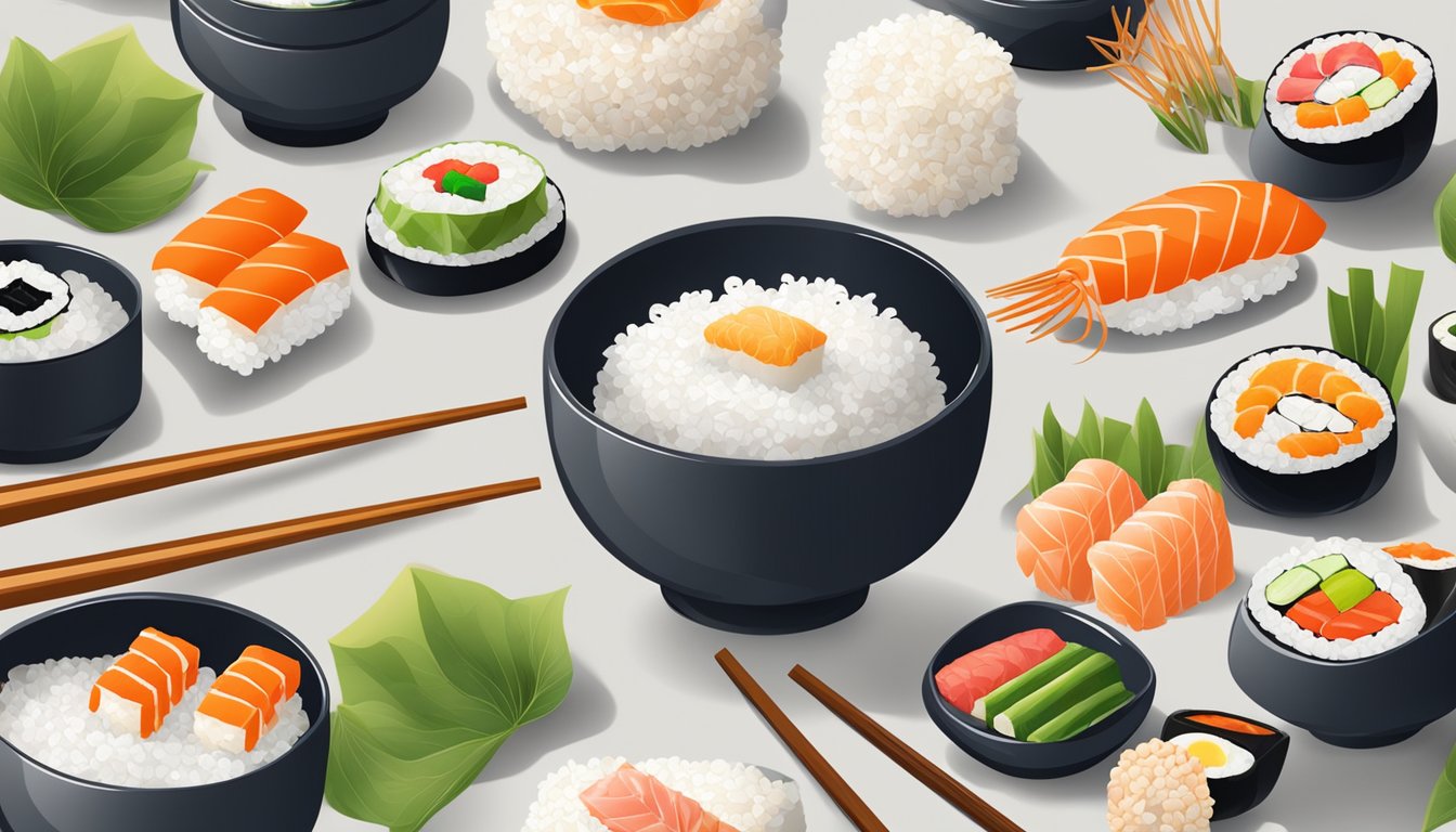 A bowl of sushi rice, known as 'shari', surrounded by colorful sushi ingredients and chopsticks