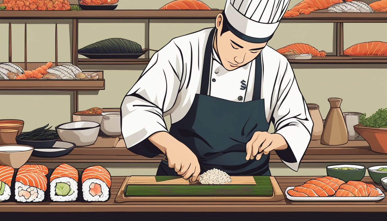 A traditional sushi chef meticulously prepares a variety of fresh seafood and rice, expertly crafting each piece into beautiful and delicate sushi rolls