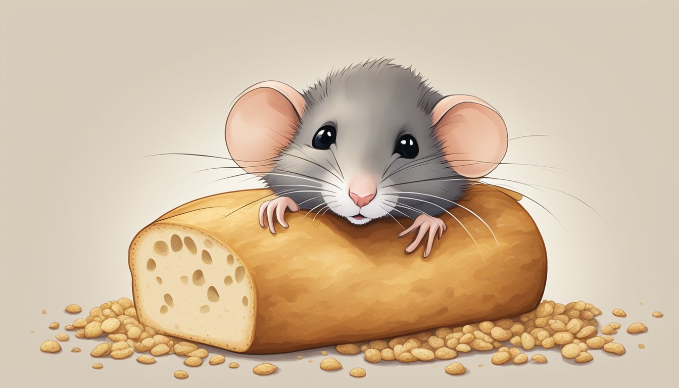 A mouse peeking out of a loaf of bread, surrounded by crumbs and scattered slices