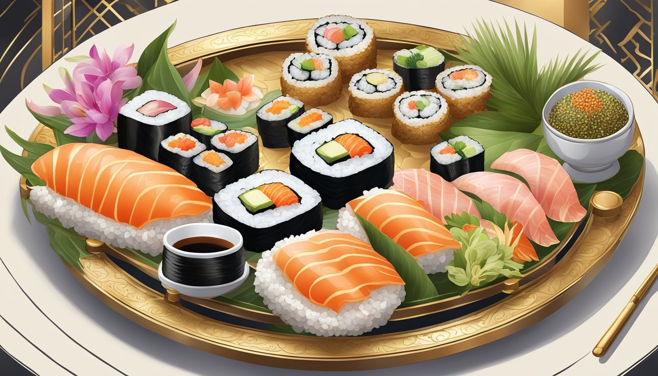 A luxurious sushi platter displayed on a gilded tray, surrounded by opulent decor and exotic ingredients