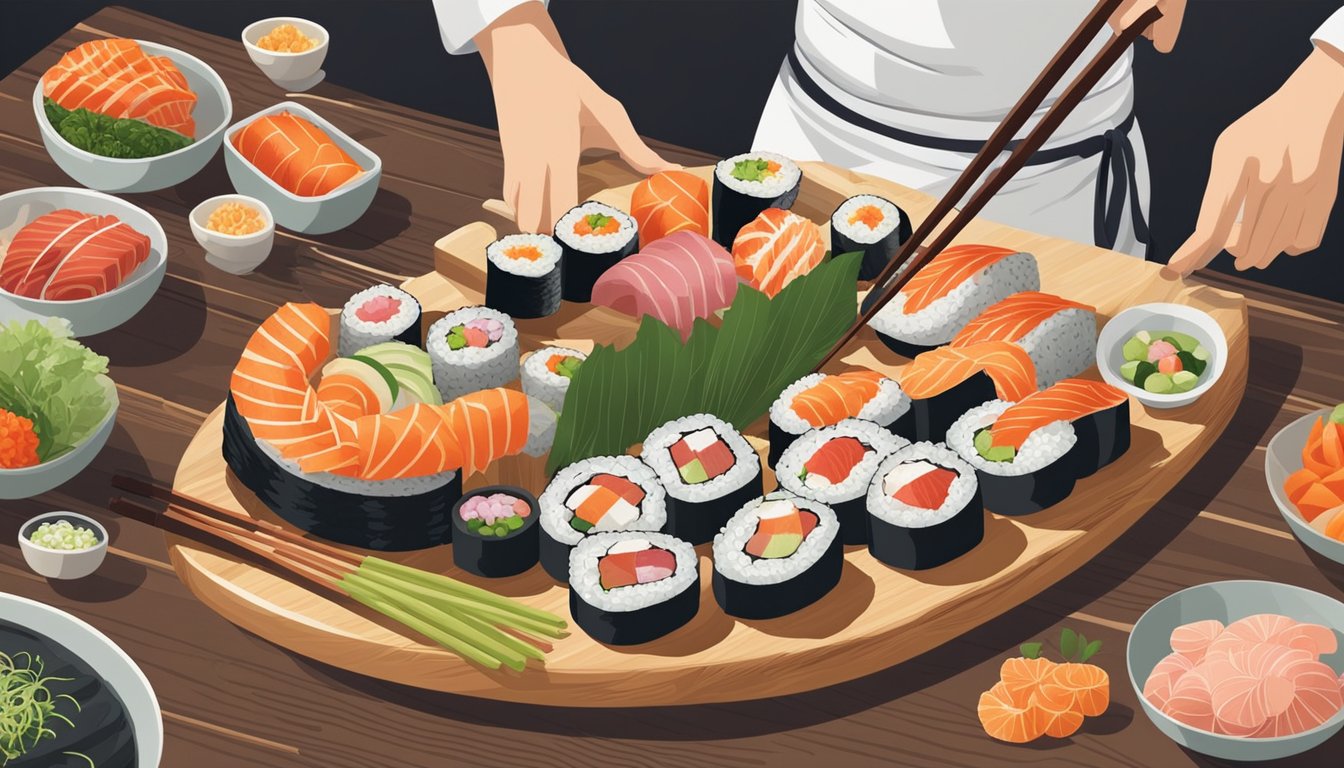 A sushi chef preparing a variety of sushi rolls and sashimi on a wooden cutting board, surrounded by colorful ingredients and traditional Japanese kitchen tools