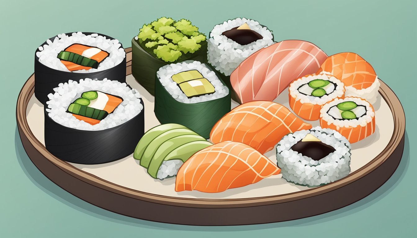 A sushi platter with various types of sushi rolls, including one with a dollop of wasabi and another with a dollop of horseradash