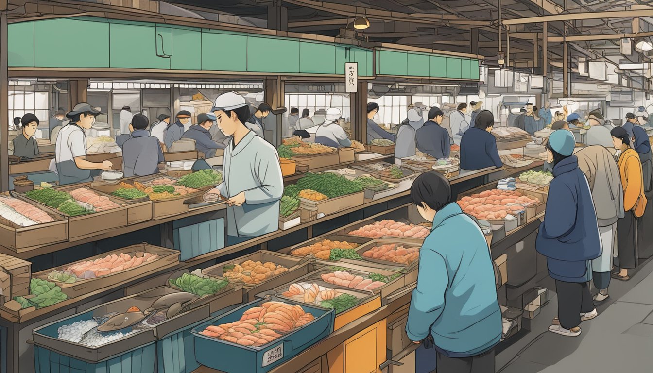 The bustling Tsukiji Market in Tokyo, with colorful stalls and fresh seafood, is the central hub of sushi culture