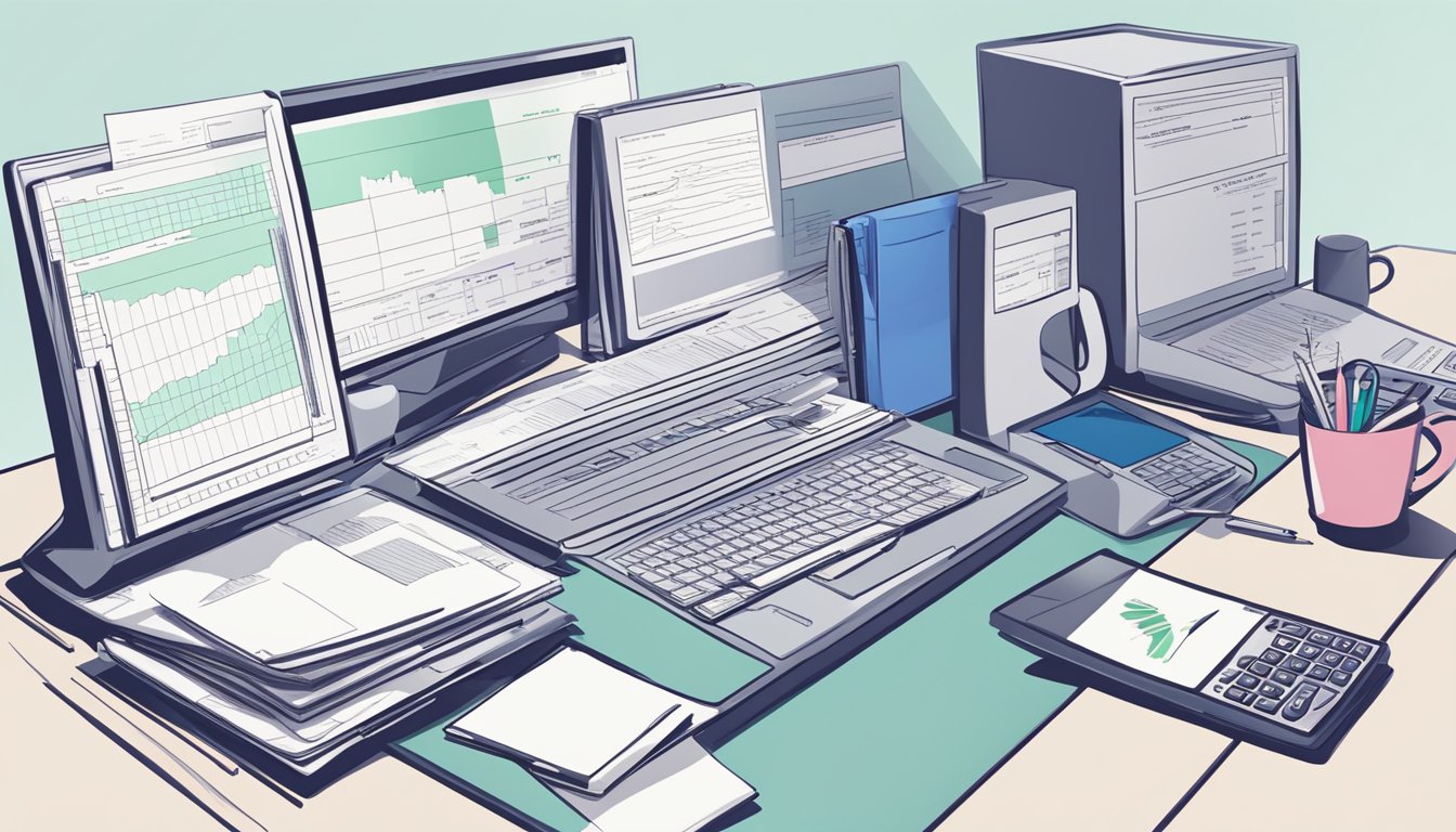 An office desk with a computer, paperwork, and a calculator. A graph showing policy costs and premiums