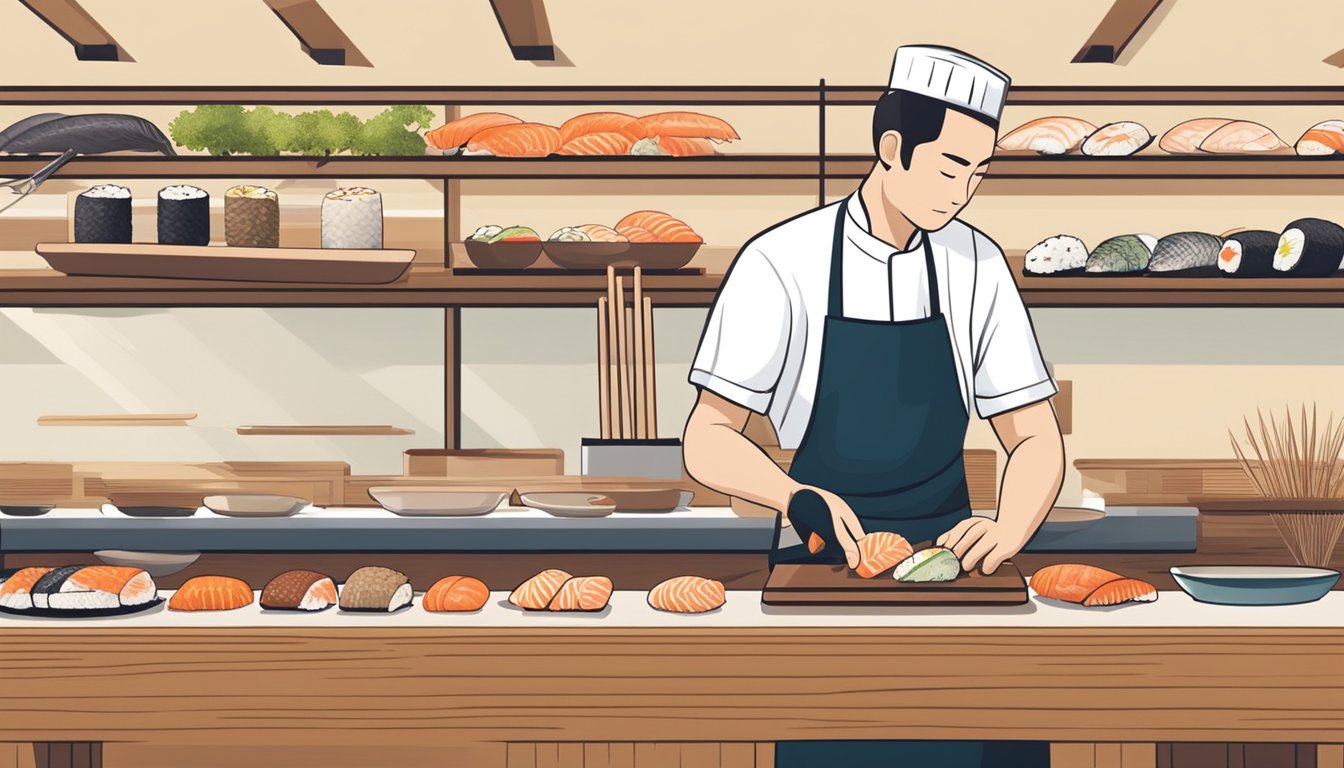 A chef preparing a variety of nigiri sushi with different types of fish and toppings on a clean, minimalist wooden sushi bar