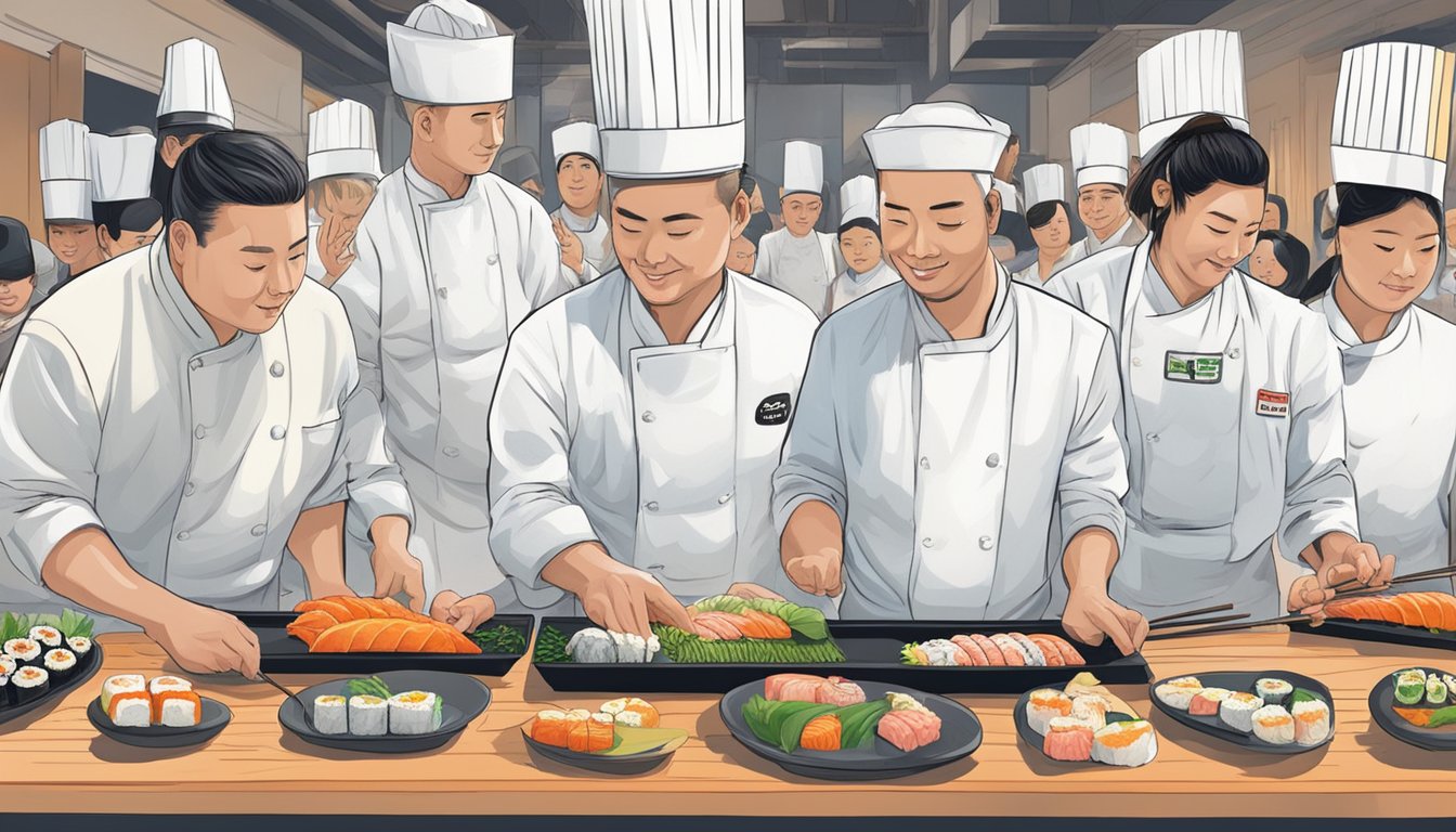 A colorful sushi competition with chefs from around the world showcasing their skills and creativity in front of a panel of judges