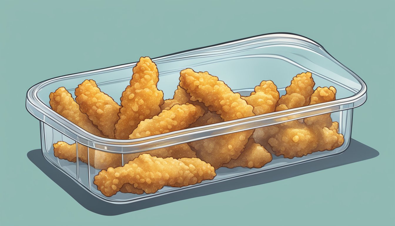 A chicken foot submerged in a container of nuggets