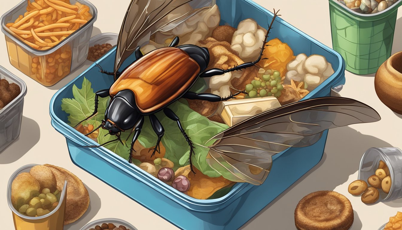 A cockroach crawls out of a takeout container, surrounded by various unusual food items