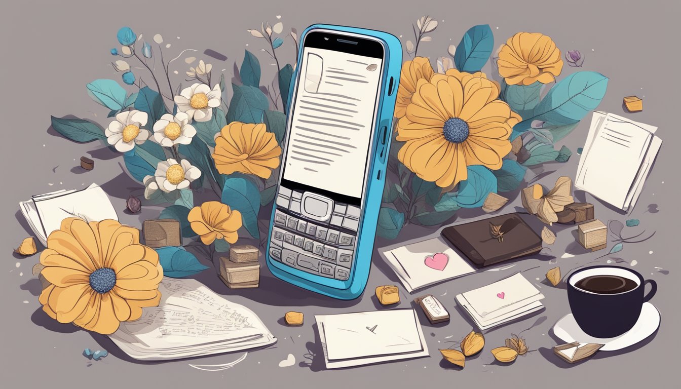 A cellphone with a series of text messages displayed, surrounded by a collection of romantic items such as flowers, chocolates, and a handwritten note