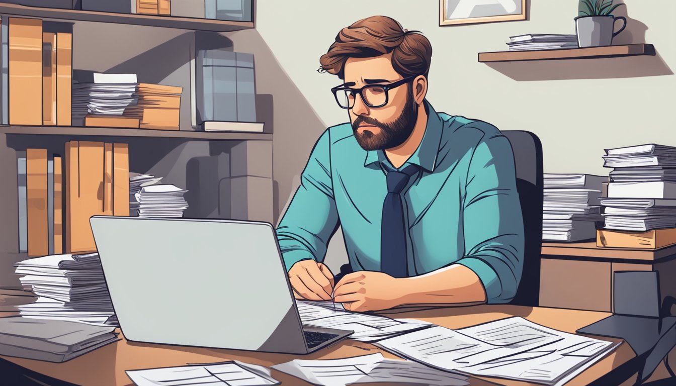 A person sitting at a desk, surrounded by paperwork and a laptop, looking stressed and overwhelmed while trying to figure out alternatives to critical illness insurance