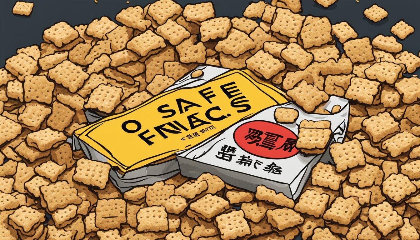 A pile of Natto crackers surrounded by a red "not safe for office snacks" warning sign