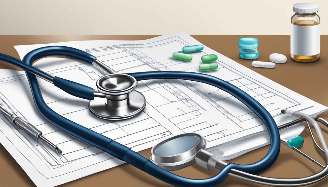 A stethoscope resting on a medical chart, next to a bottle of pills and a hospital bed