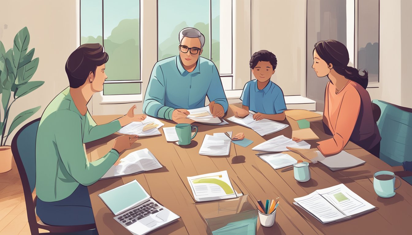 A family sitting around a table, discussing serious illness insurance options with a financial advisor