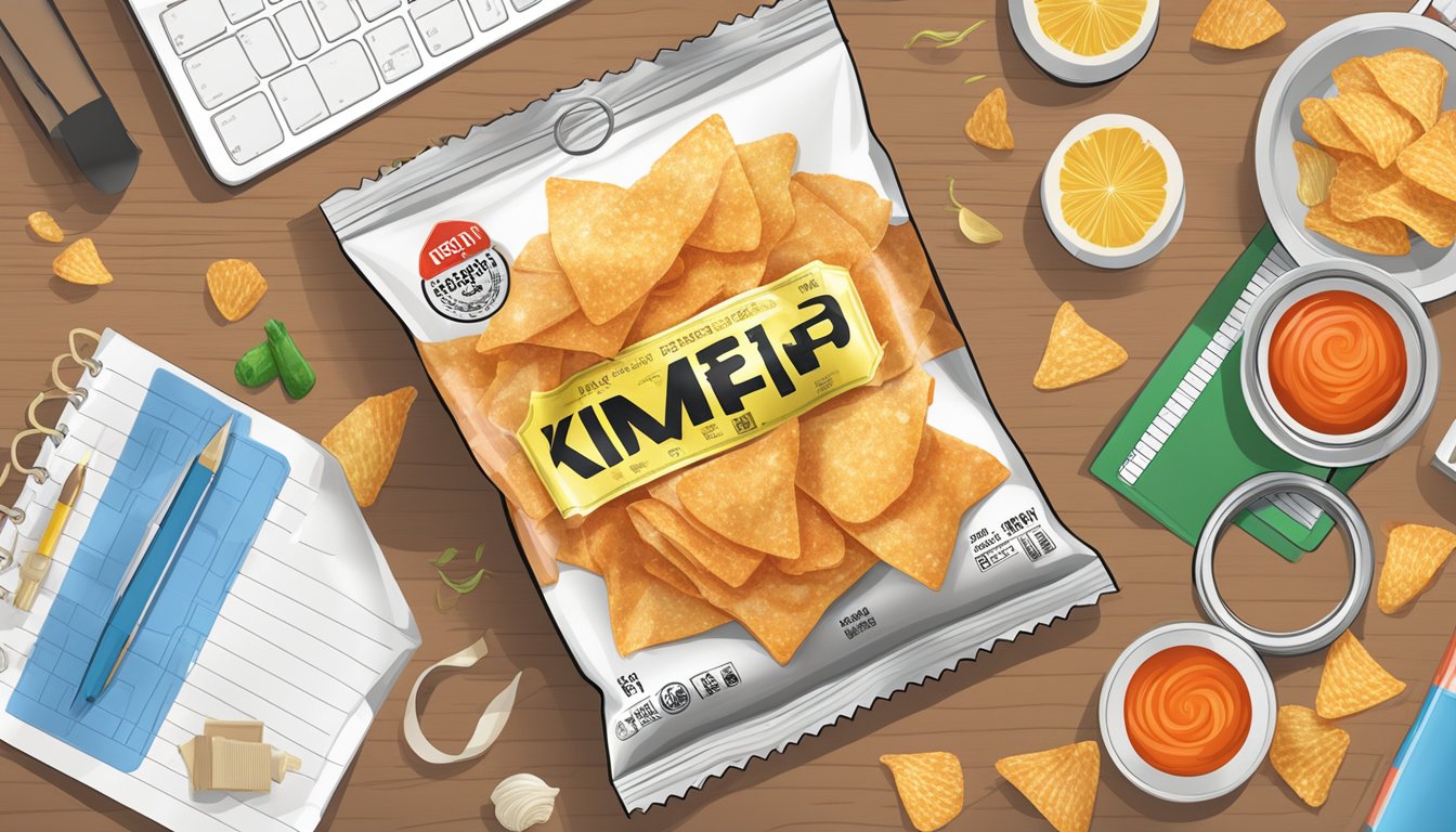 A bag of kimchi-flavored chips with a warning label, surrounded by office supplies