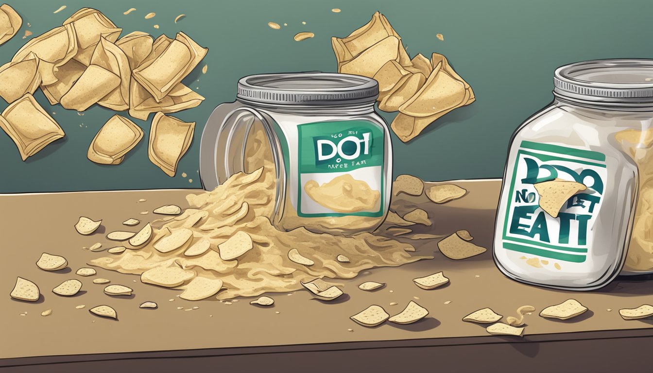 A jar of extra garlic hummus spilled on a desk, surrounded by empty chip bags and a "Do Not Eat" sign