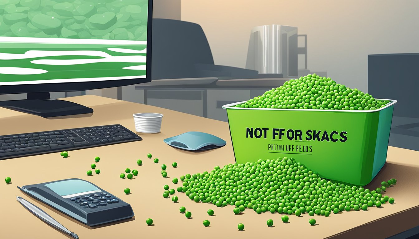 A spilled container of wasabi peas on an office desk, with scattered peas and a "not safe for office snacks" sign