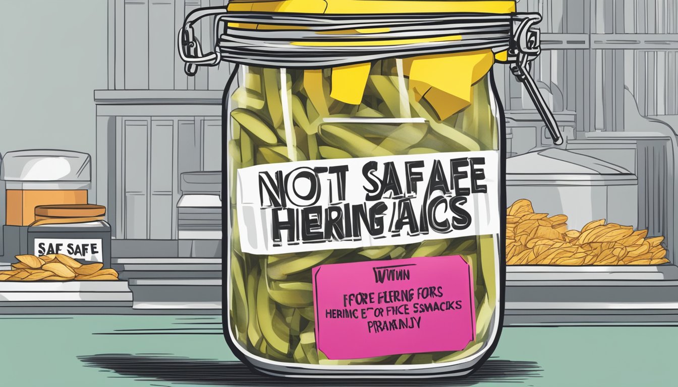 A jar of pickled herring snacks with a bold "Not Safe for Office Snacks" warning label