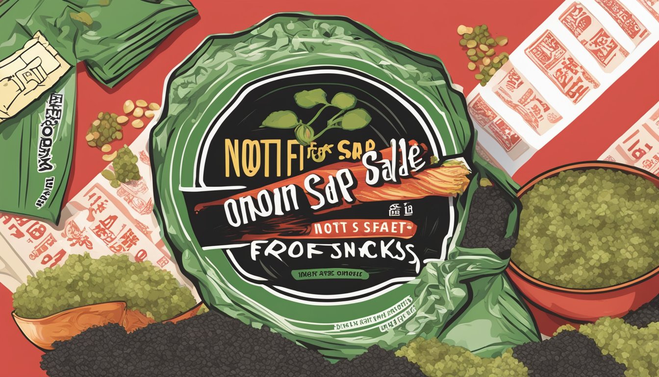 A pack of onion-flavored nori sheets with a red "not safe for office snacks" warning label on the front