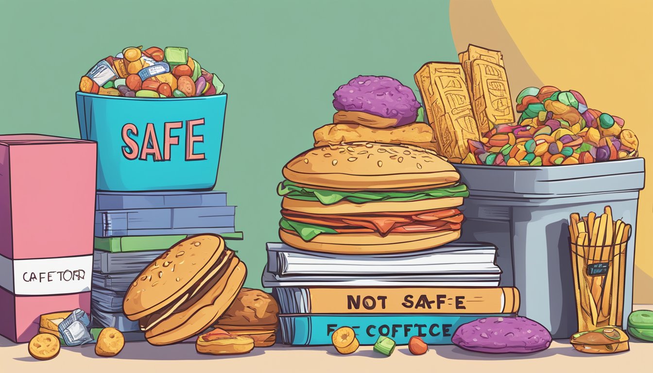 A stack of unhealthy snacks next to a "not safe for office" sign