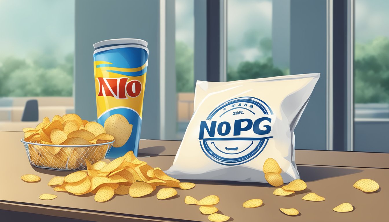 A spilled bag of chips on a desk, next to a "No Eating" sign