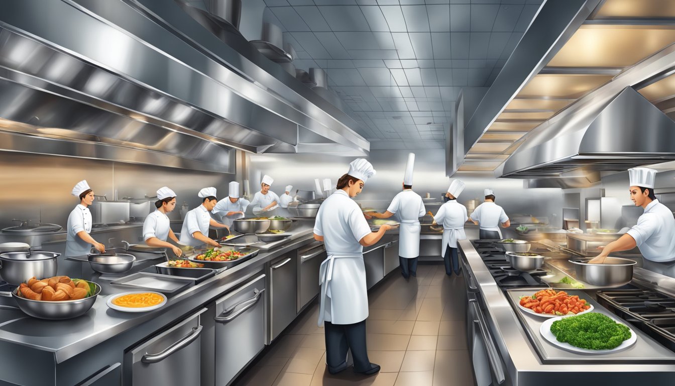 A bustling restaurant kitchen with chefs meticulously preparing exquisite dishes, surrounded by gleaming stainless steel appliances and the intoxicating aroma of culinary masterpieces