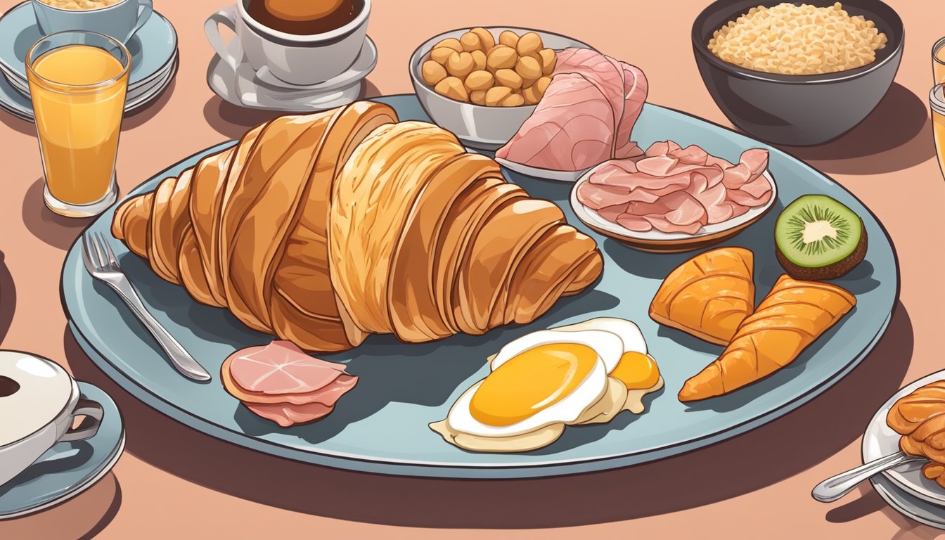 A croissant with ham on a plate, surrounded by other international breakfast foods