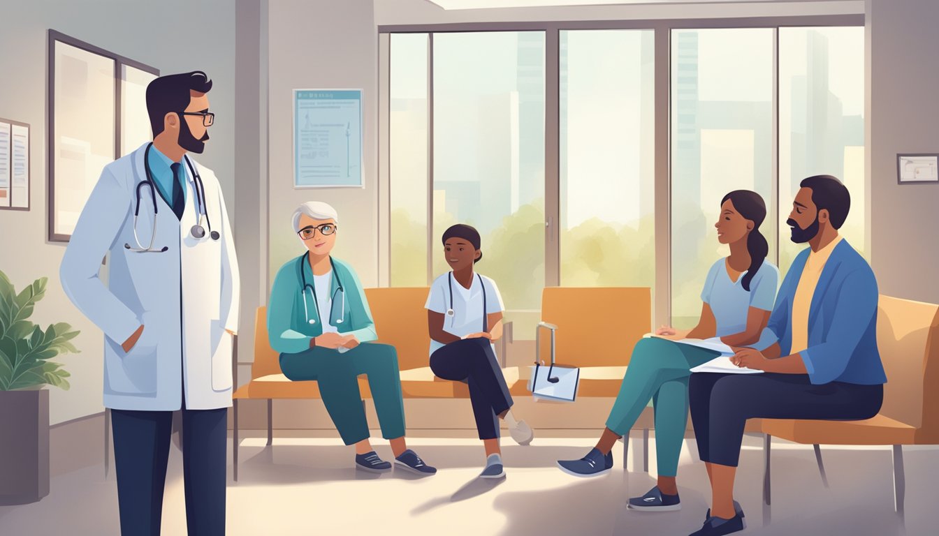 A doctor explaining critical illness insurance to a concerned family in a hospital waiting room