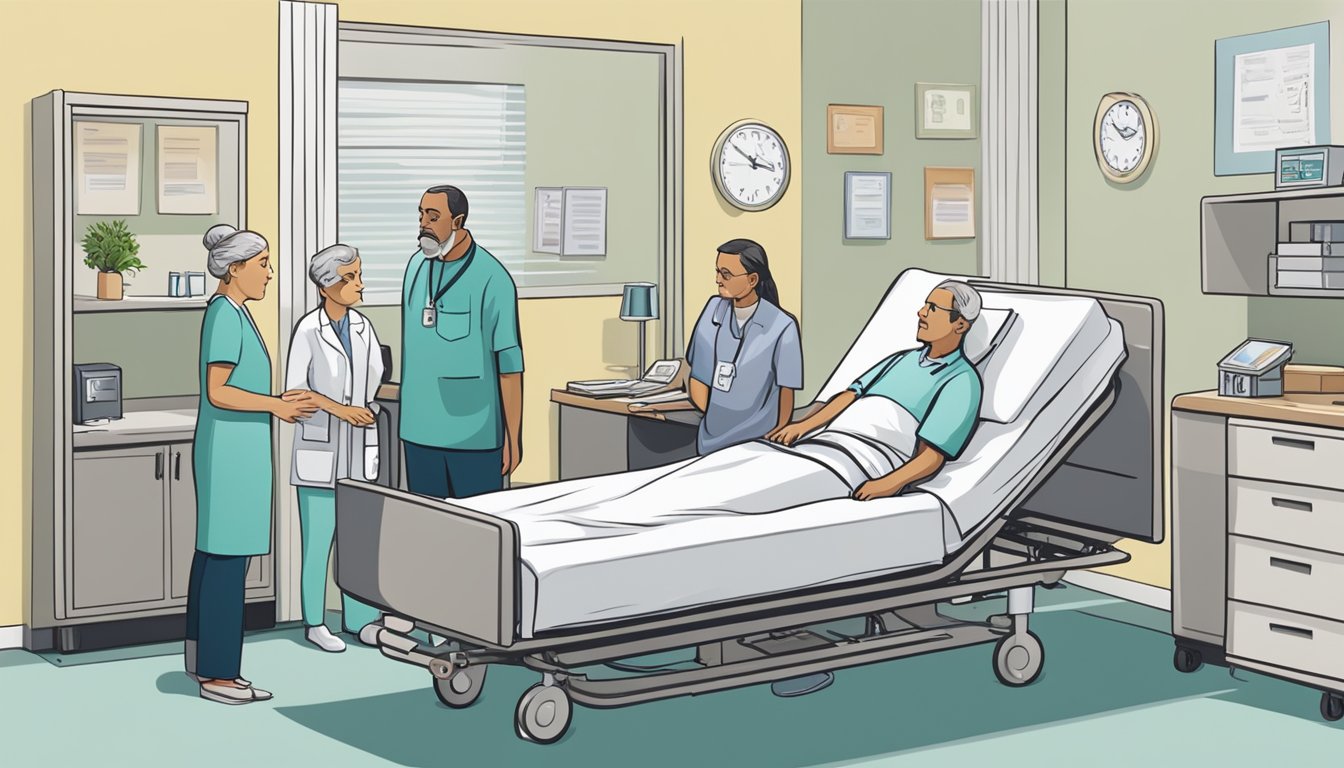 A hospital bed with a concerned family member talking to a financial advisor about critical illness insurance options