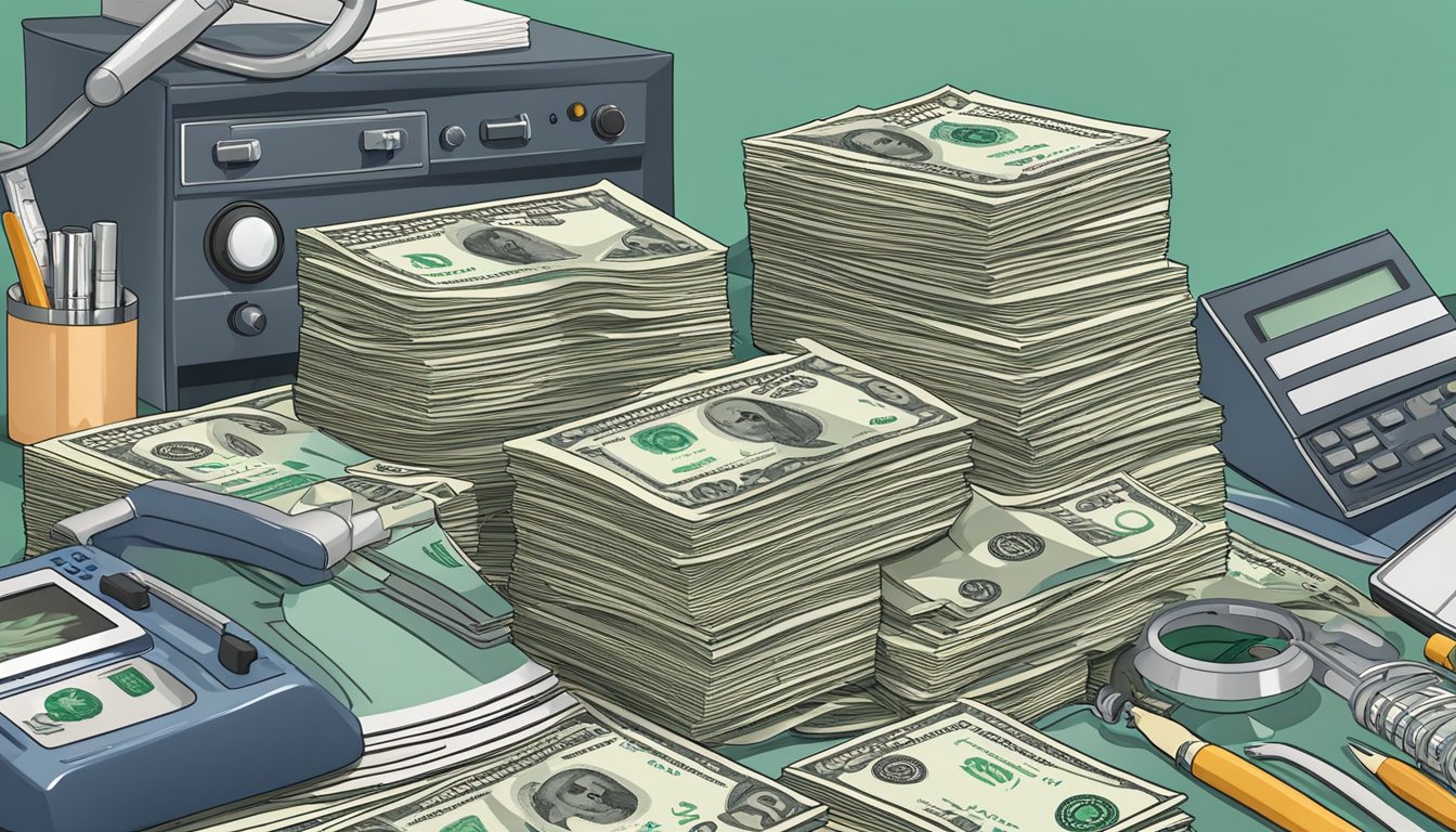 A stack of dollar bills surrounded by medical equipment and paperwork