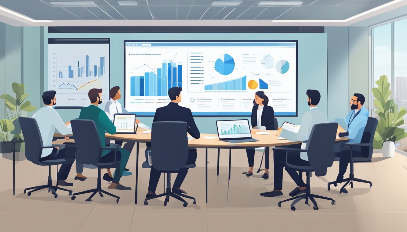 A group of professionals discussing critical illness insurance policy options in a conference room with charts and graphs displayed on a large screen