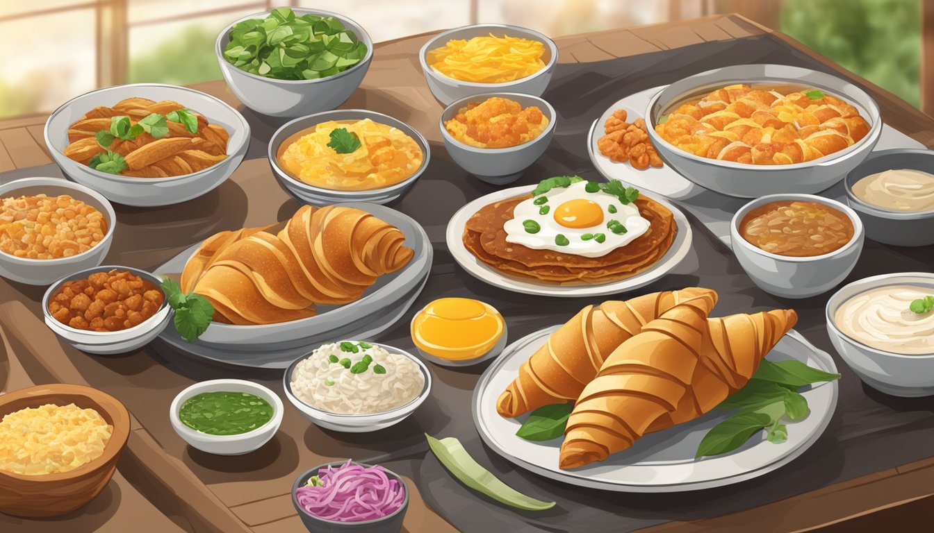 A table with a variety of breakfast foods from different cultures, such as croissants, congee, chilaquiles, and masala dosa, arranged in an appealing display